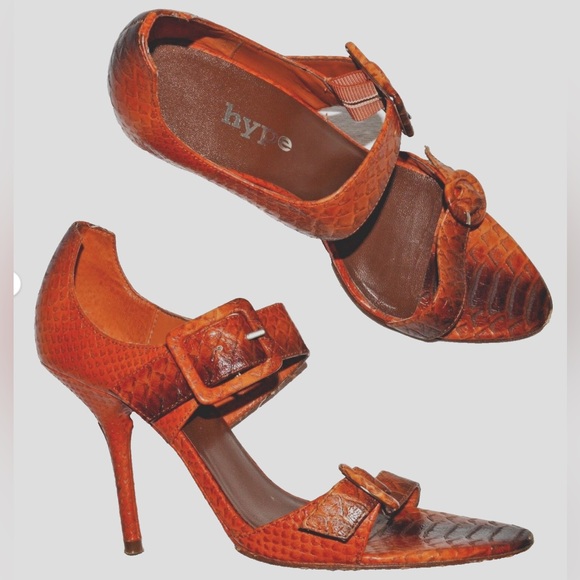 HYPE PARADE SZ 7 M ORANGE SNAKE PRINT LEATHER SANDALS STILETTO HEELS - Picture 2 of 5